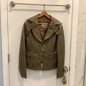 TASHA POLIZZI tan distressed leather moto style jacket Small